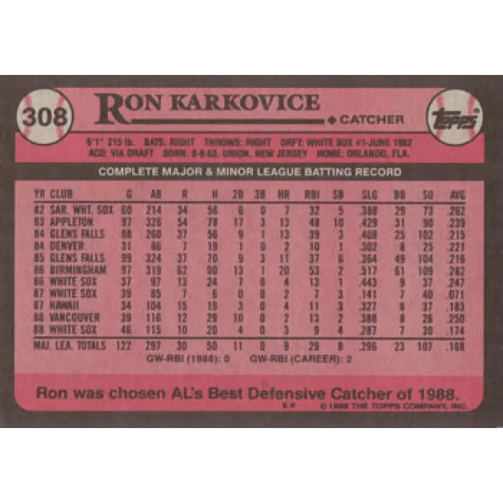 1989 Topps #308 Ron Karkovice NM-MT Chicago White Sox Baseball Card Image 2