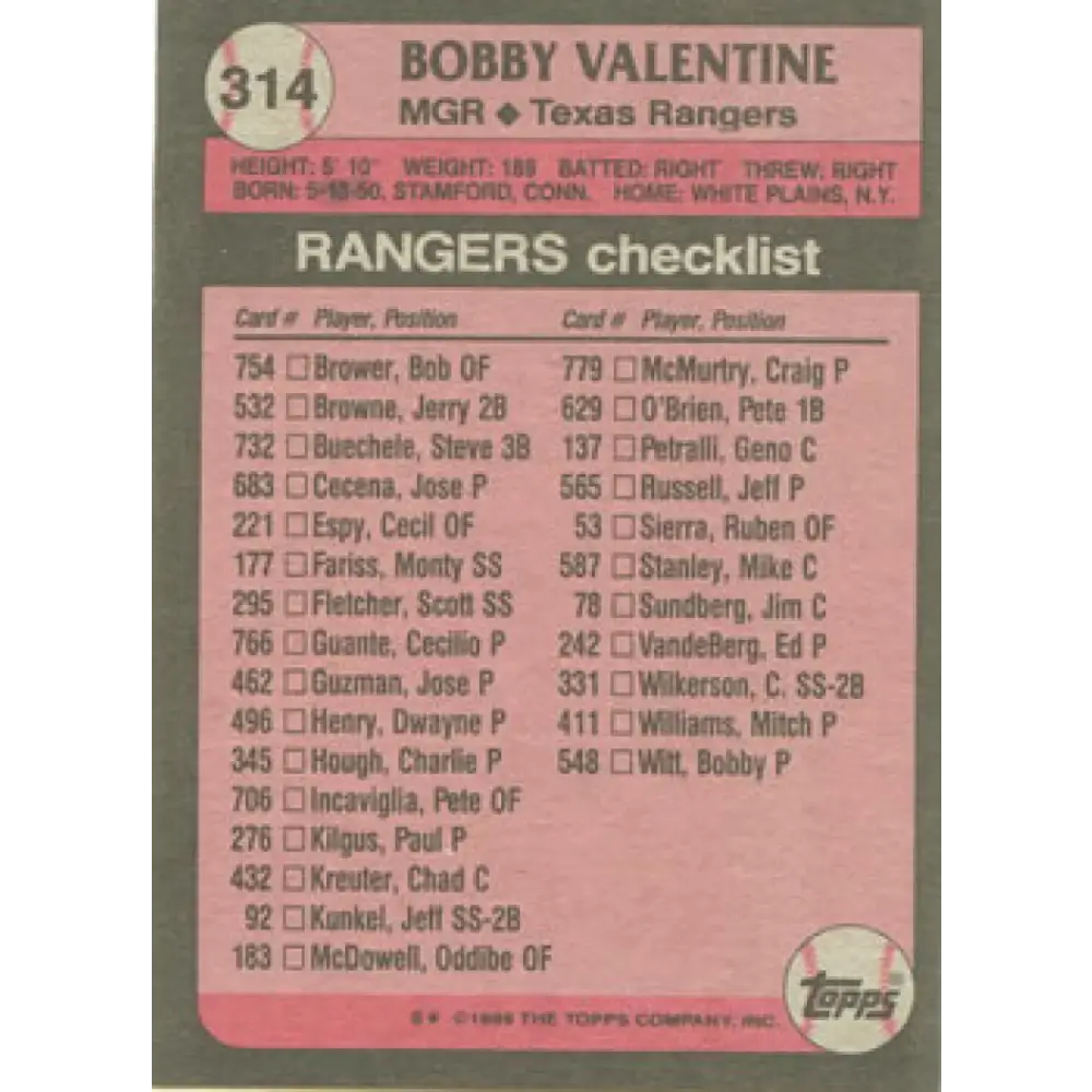 1989 Topps #314 Bobby Valentine MG NM-MT Texas Rangers Baseball Card Image 2