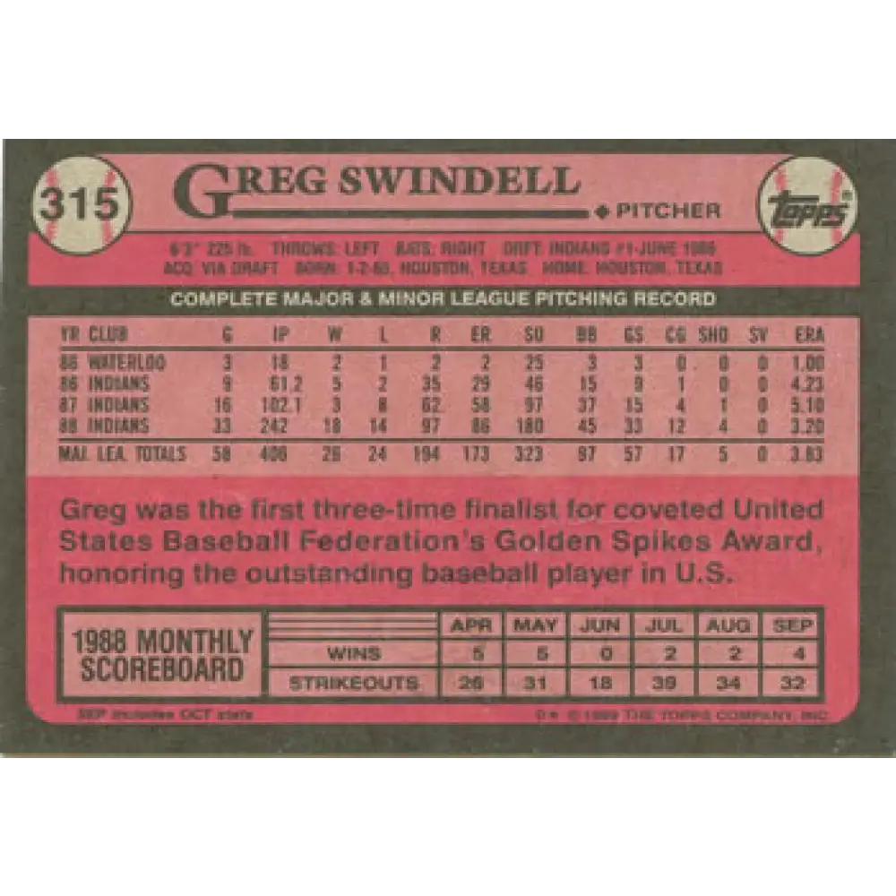 1989 Topps #315 Greg Swindell NM-MT Cleveland Indians Baseball Card Image 2