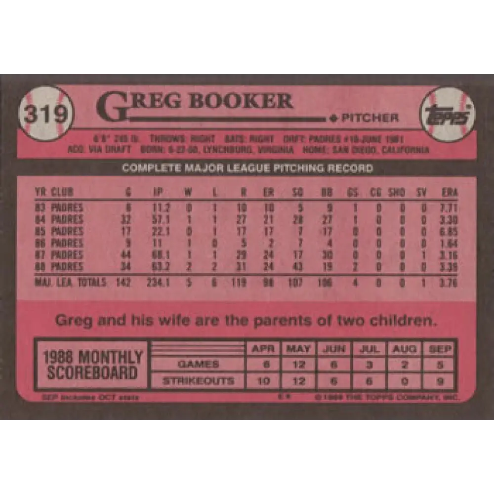 1989 Topps #319 Greg Booker NM-MT San Diego Padres Baseball Card Image 2
