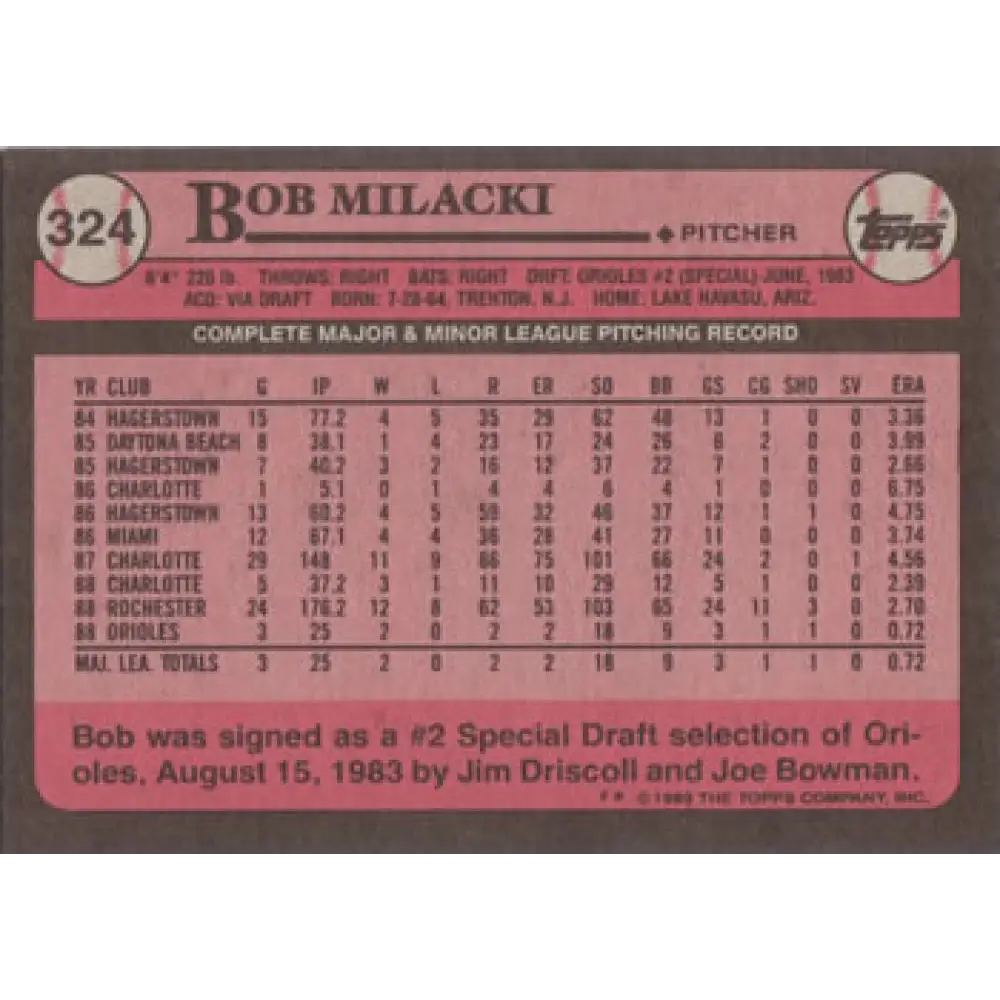 1989 Topps #324 Bob Milacki NM-MT RC Rookie Baltimore Orioles Baseball Card Image 2