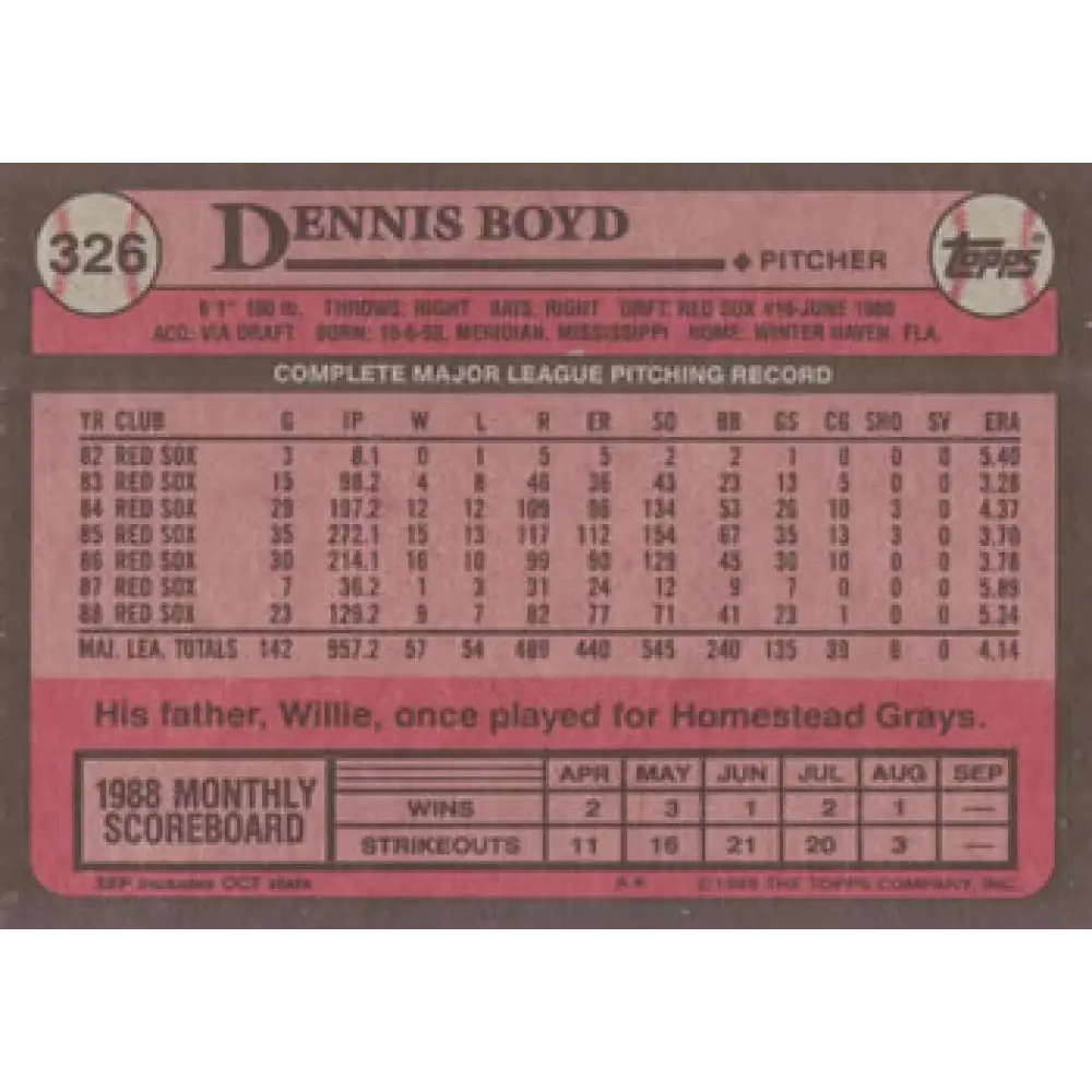 1989 Topps #326 Oil Can Boyd NM-MT Boston Red Sox Baseball Card Image 2