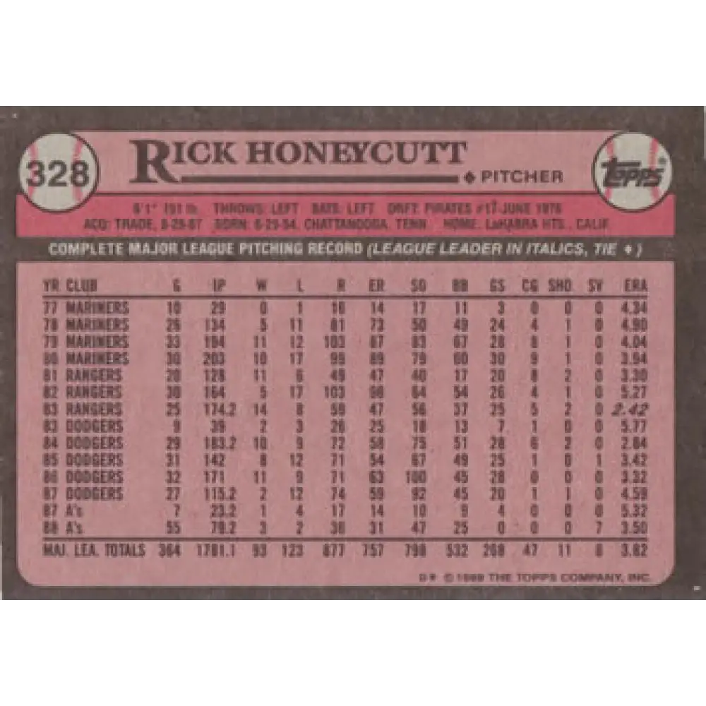 1989 Topps #328 Rick Honeycutt NM-MT Oakland Athletics Baseball Card Image 2