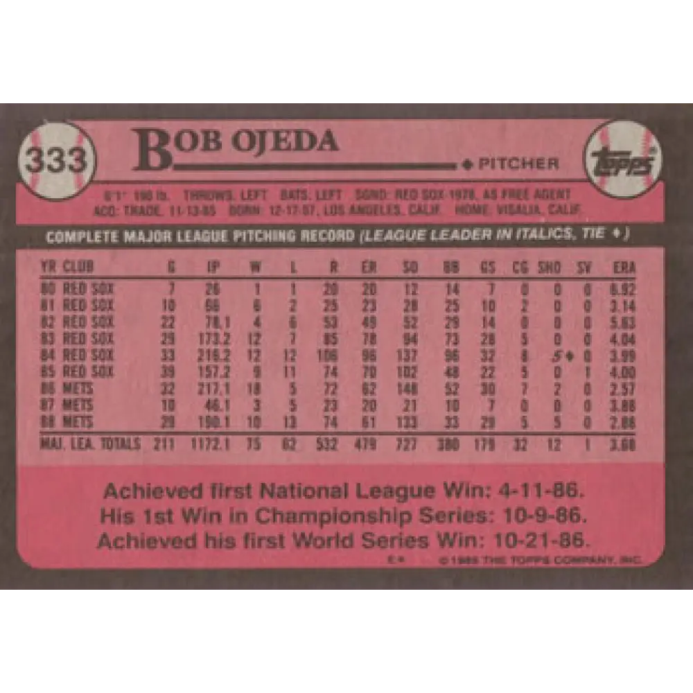 1989 Topps #333 Bob Ojeda NM-MT New York Mets Baseball Card Image 2