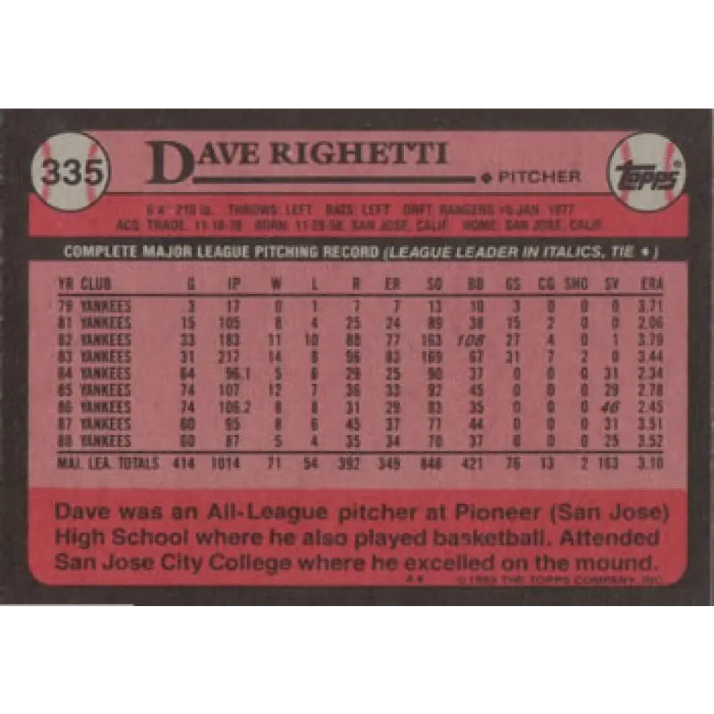 1989 Topps #335 Dave Righetti NM-MT New York Yankees Baseball Card Image 2
