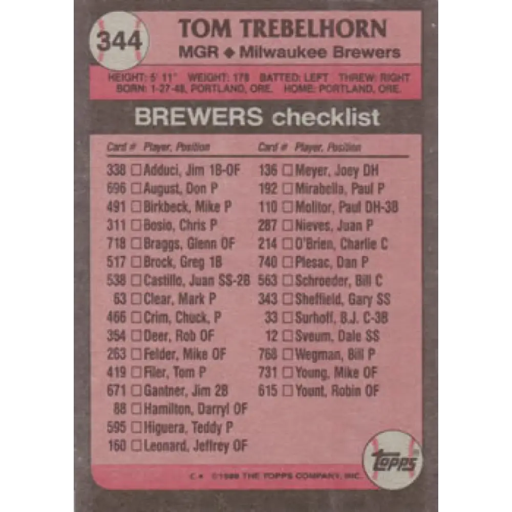 1989 Topps #344 Tom Trebelhorn MG NM-MT Milwaukee Brewers Baseball Card Image 2