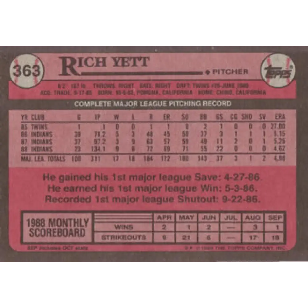 1989 Topps #363 Rich Yett NM-MT Cleveland Indians Baseball Card Image 2