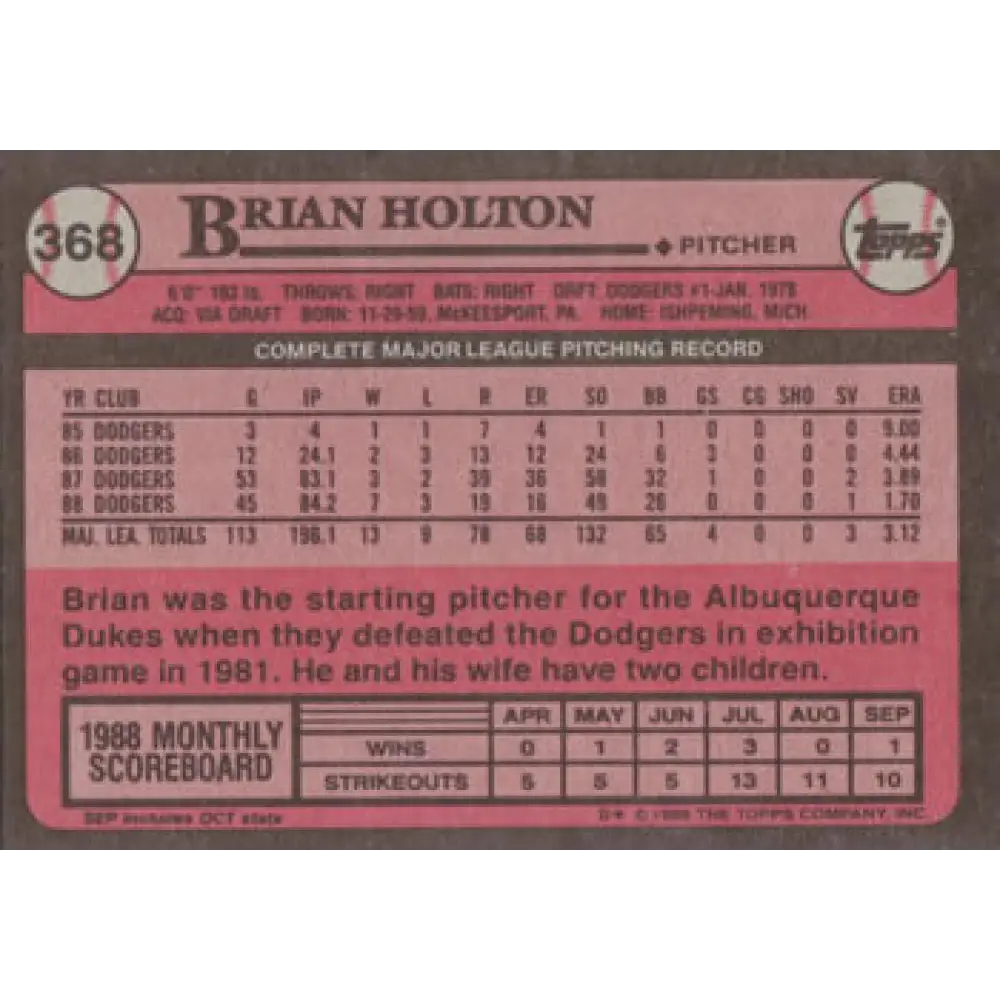 1989 Topps #368 Brian Holton NM-MT Los Angeles Dodgers Baseball Card Image 2
