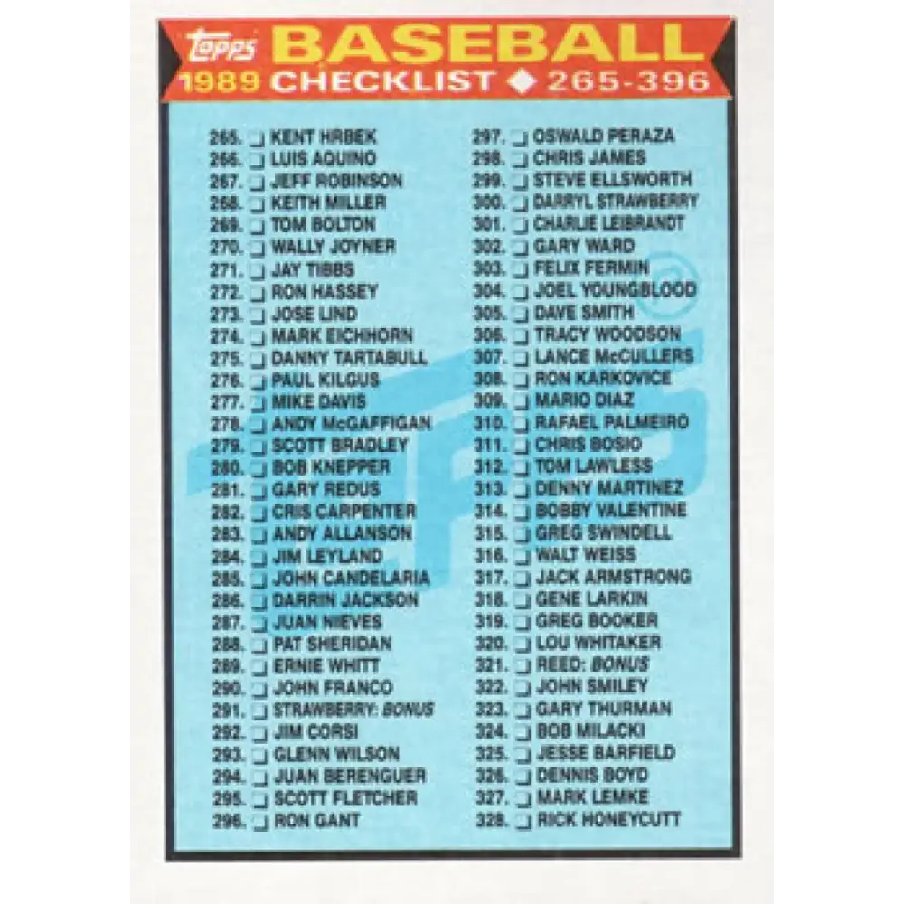 1989 Topps #378 Checklist 265-396 NM-MT N/A Baseball Card Image 1