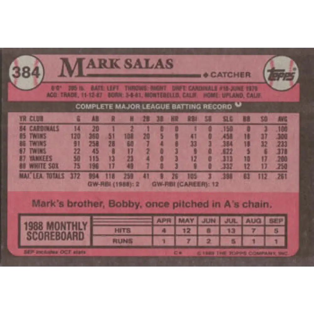 1989 Topps #384 Mark Salas NM-MT Chicago White Sox Baseball Card Image 2