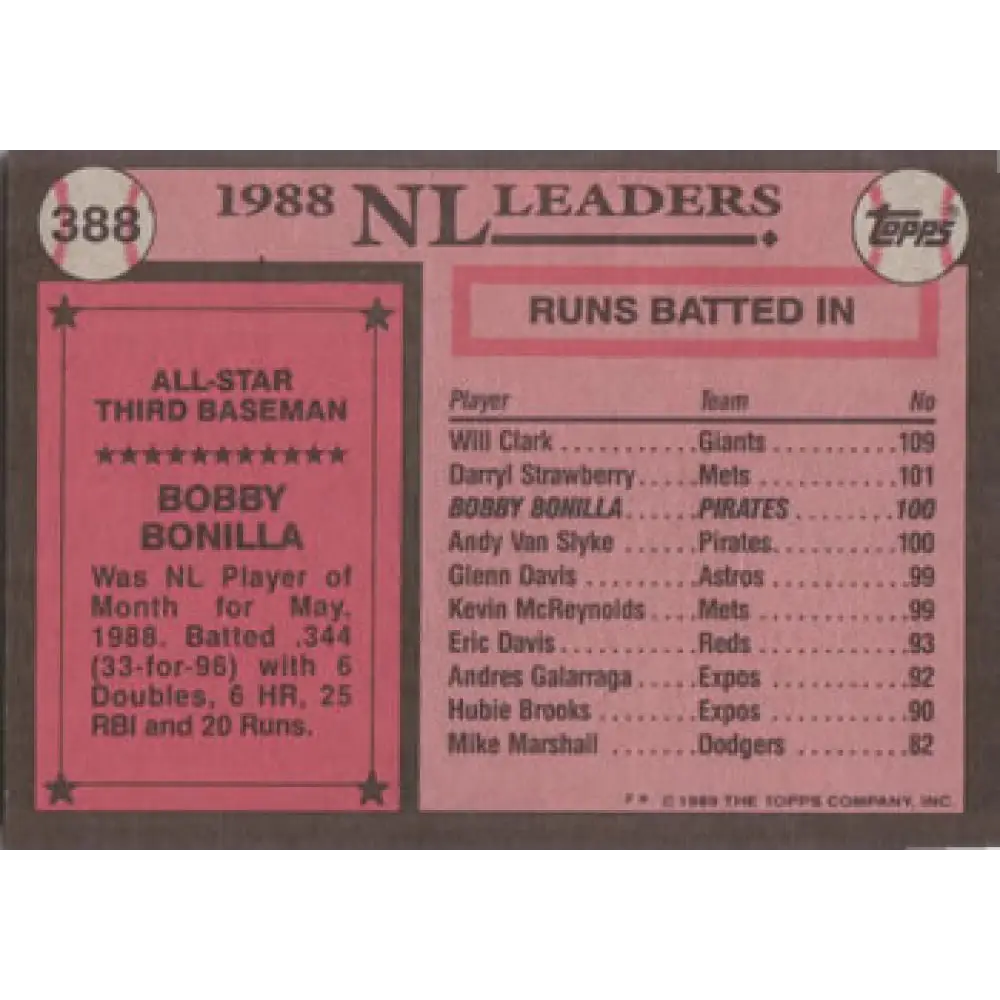 1989 Topps #388 Bobby Bonilla AS NM-MT Pittsburgh Pirates Baseball Card Image 2