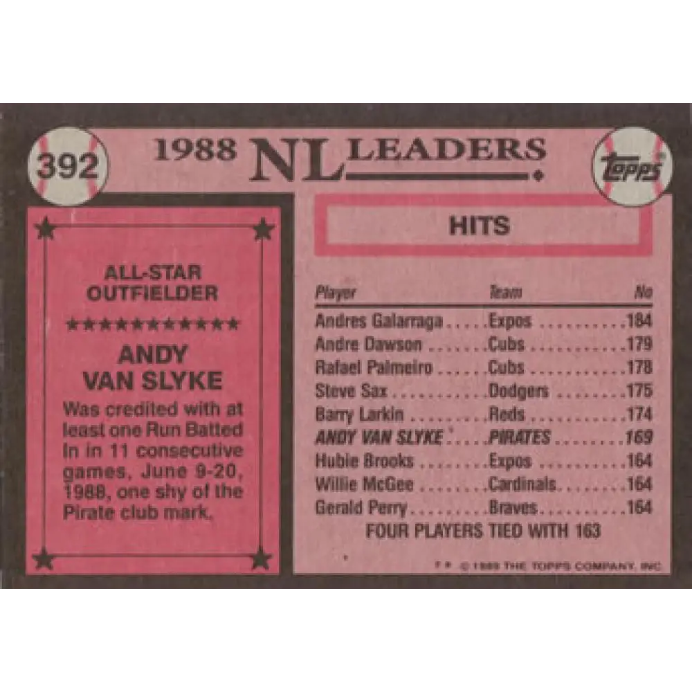 1989 Topps #392 Andy Van Slyke AS NM-MT Pittsburgh Pirates Baseball Card Image 2