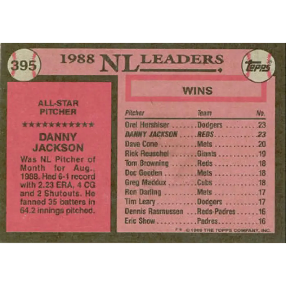 1989 Topps #395 Danny Jackson AS NM-MT Cincinnati Reds Baseball Card Image 2