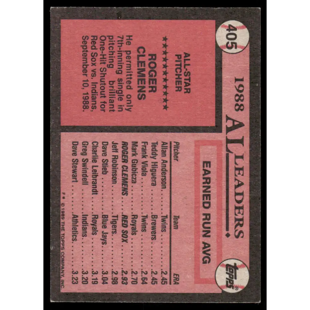 1989 Topps #405 Roger Clemens EX/NM Boston Red Sox Baseball Card Image 2