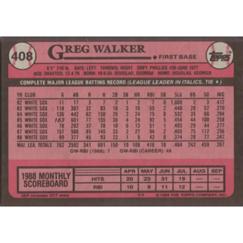 1989 Topps #408 Greg Walker NM-MT Chicago White Sox Baseball Card Image 2