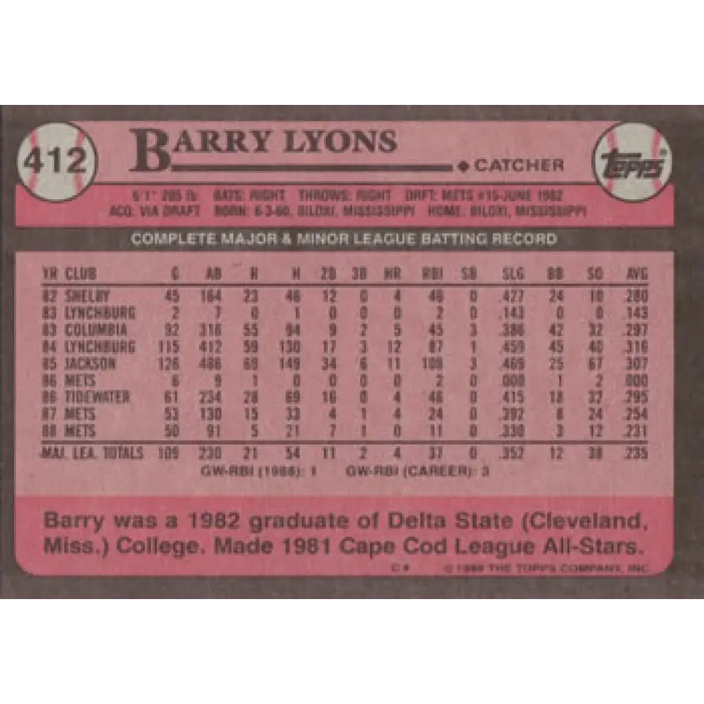 1989 Topps #412 Barry Lyons NM-MT New York Mets Baseball Card Image 2