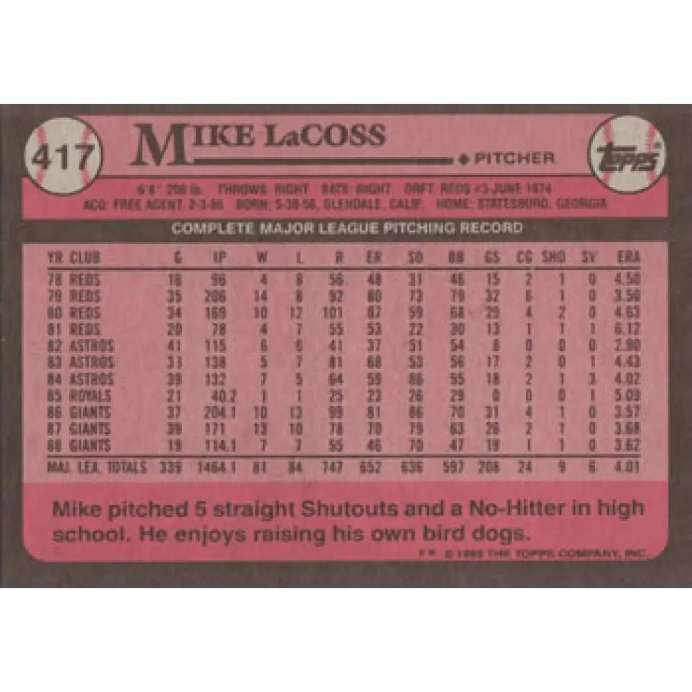 1989 Topps #417 Mike LaCoss NM-MT San Francisco Giants Baseball Card Image 2