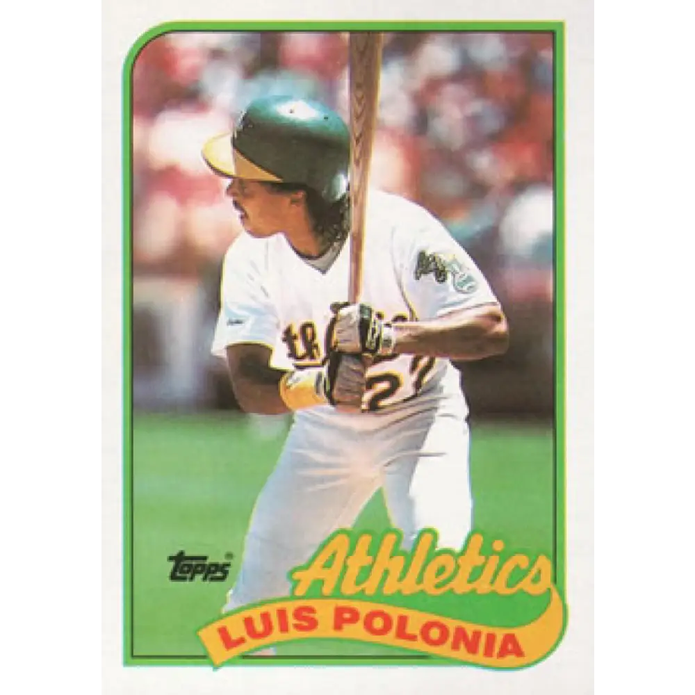 1989 Topps #424 Luis Polonia UER NM-MT Oakland Athletics Baseball Card Image 1