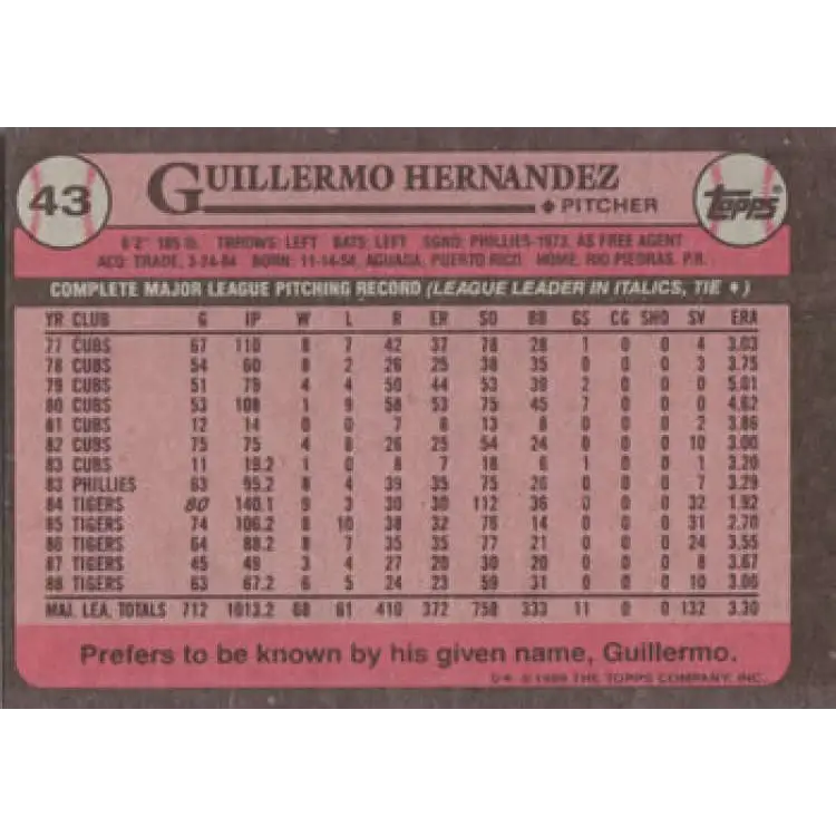 1989 Topps #43 Guillermo Hernandez NM-MT Detroit Tigers Baseball Card Image 2