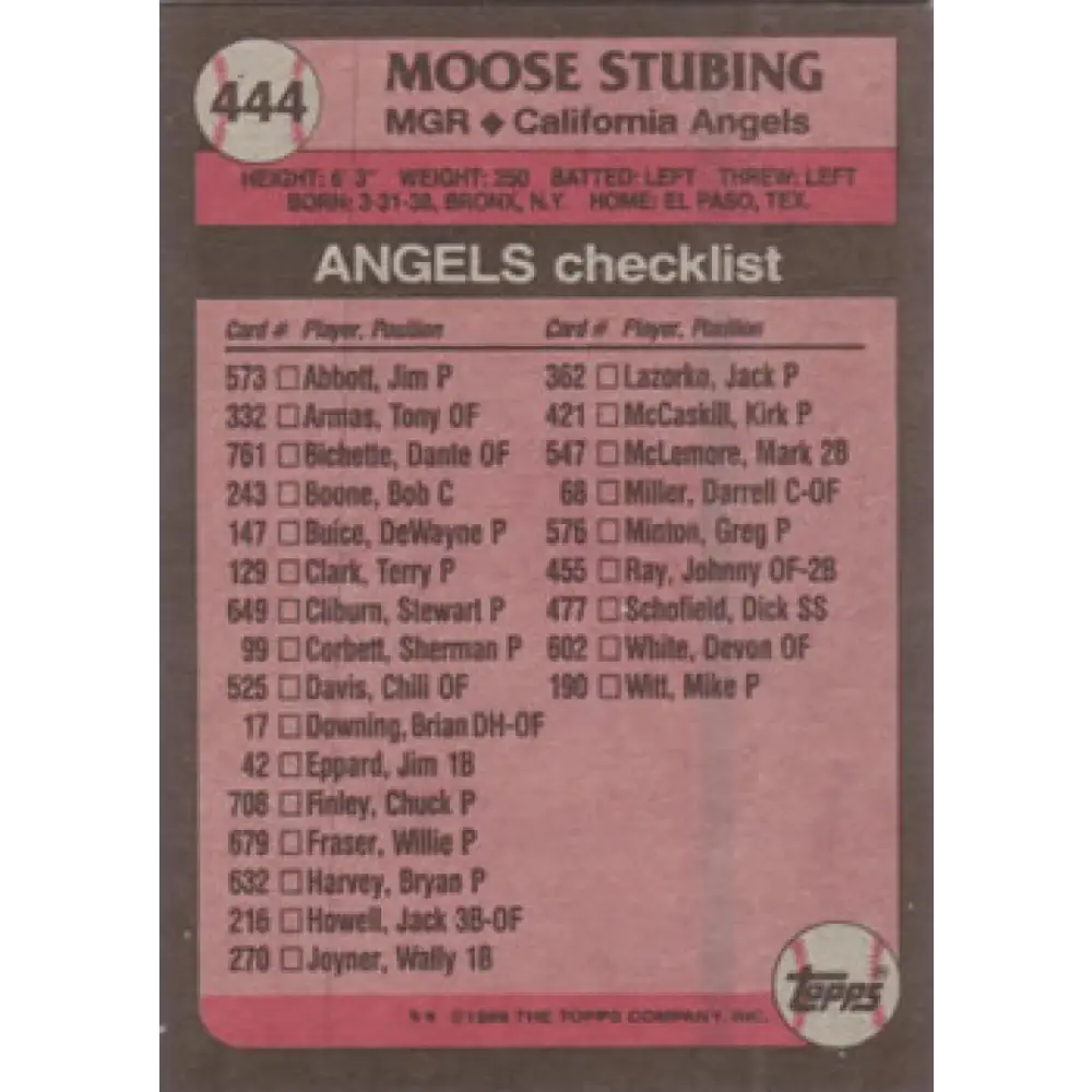 1989 Topps #444 Moose Stubing MG NM-MT California Angels Baseball Card Image 2
