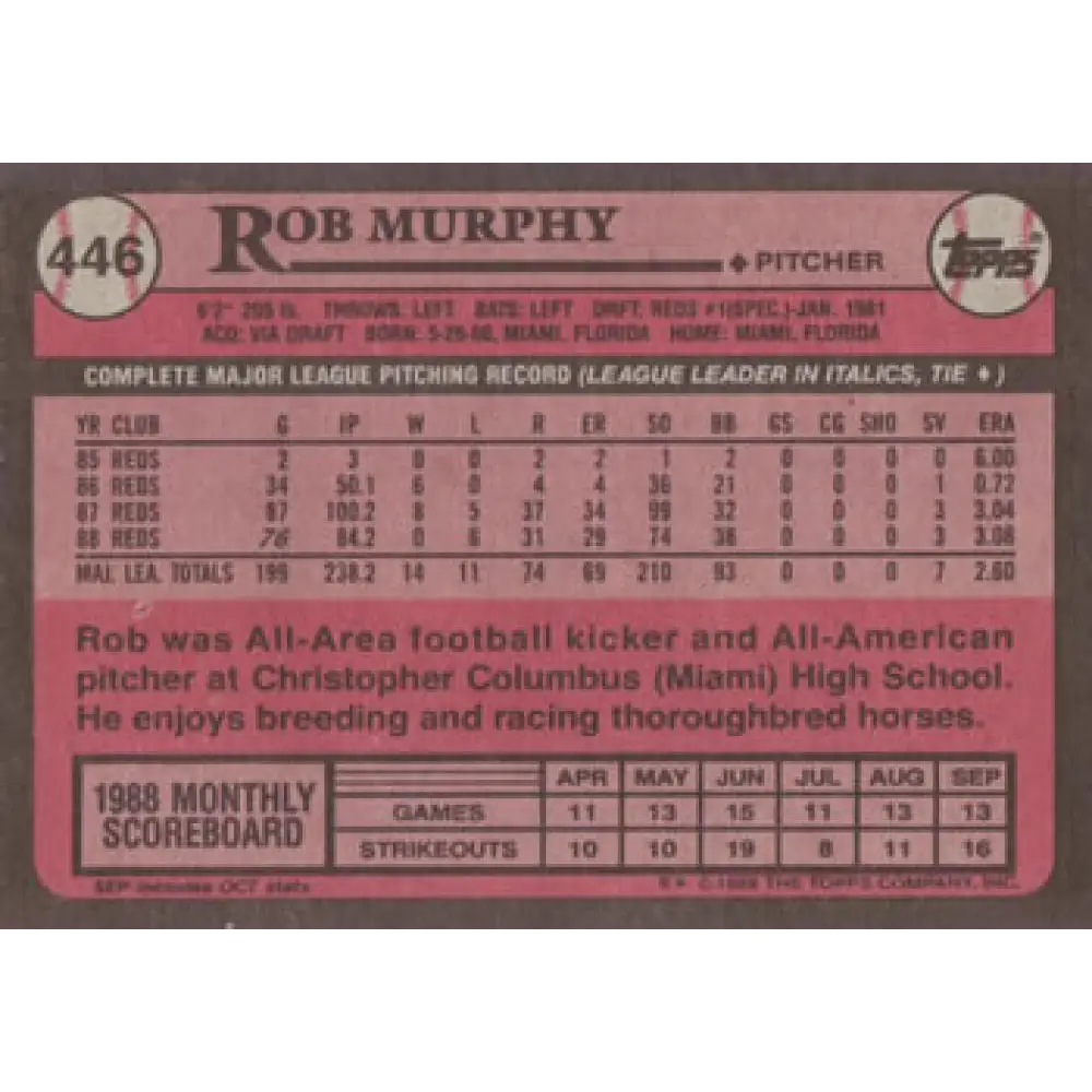 1989 Topps #446 Rob Murphy NM-MT Cincinnati Reds Baseball Card Image 2