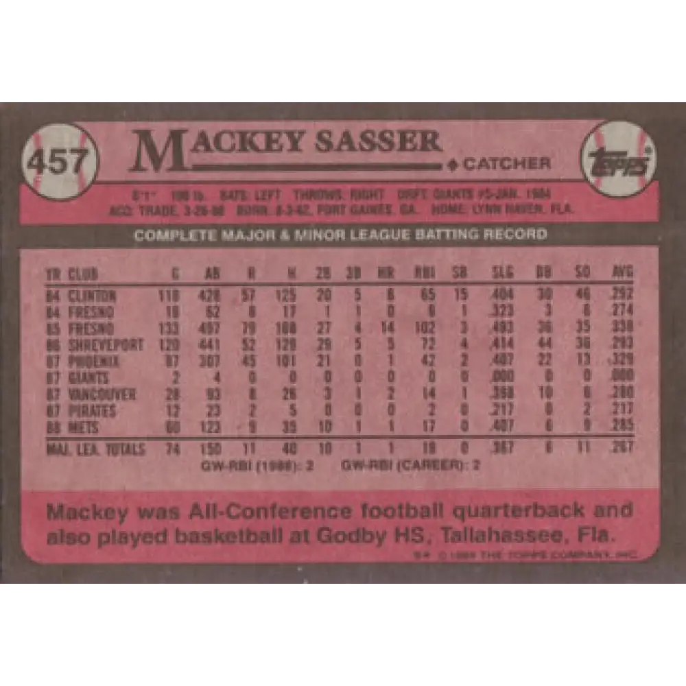 1989 Topps #457 Mackey Sasser NM-MT New York Mets Baseball Card Image 2