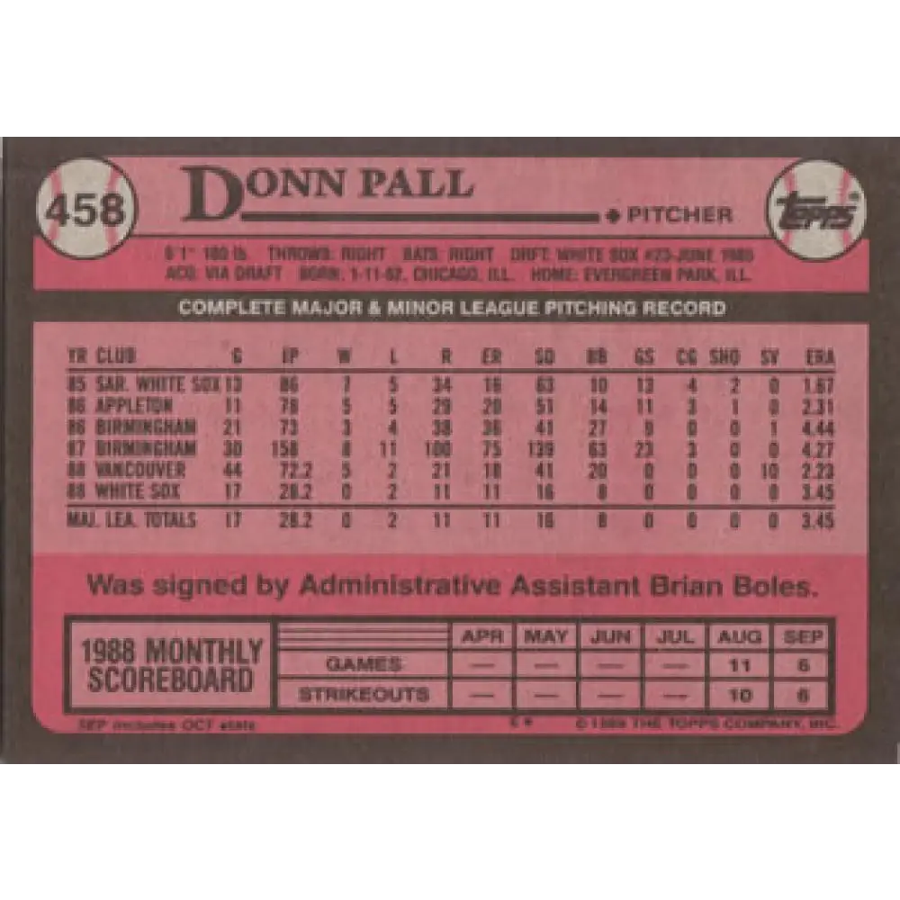 1989 Topps #458 Donn Pall NM-MT RC Rookie Chicago White Sox Baseball Card Image 2