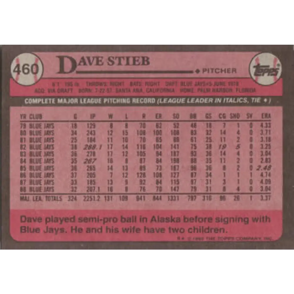 1989 Topps #460 Dave Stieb NM-MT Toronto Blue Jays Baseball Card Image 2