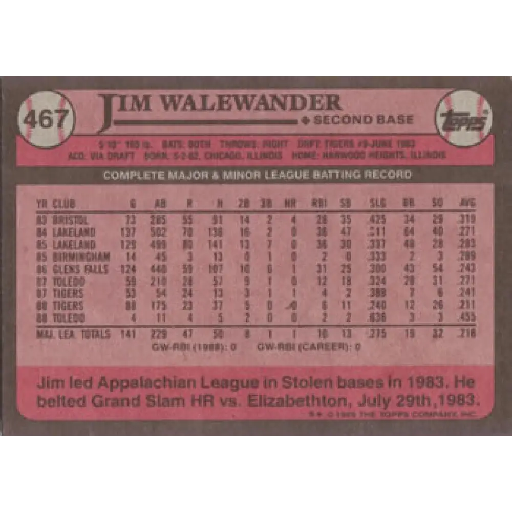 1989 Topps #467 Jim Walewander NM-MT Detroit Tigers Baseball Card Image 2