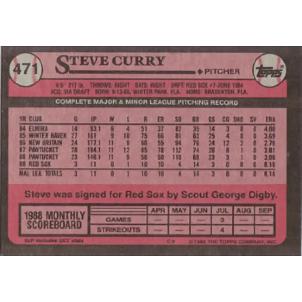 1989 Topps #471 Steve Curry NM-MT RC Rookie Boston Red Sox Baseball Card Image 2