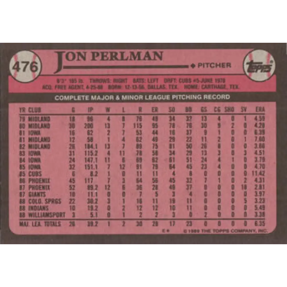 1989 Topps #476 Jon Perlman NM-MT Cleveland Indians Baseball Card Image 2