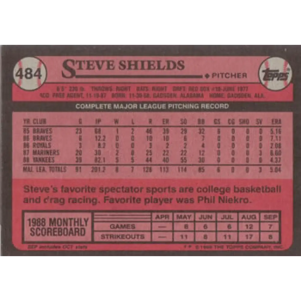 1989 Topps #484 Steve Shields NM-MT New York Yankees Baseball Card Image 2