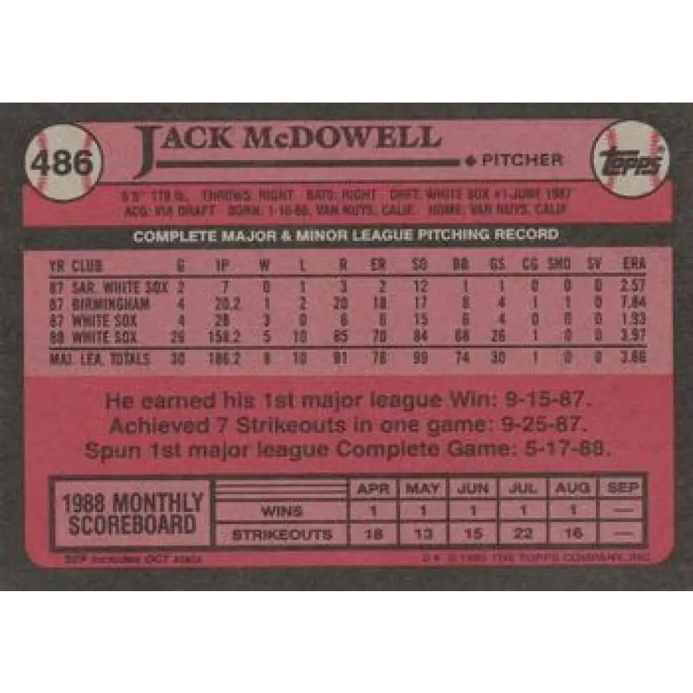 1989 Topps #486 Jack McDowell NM-MT Chicago White Sox Baseball Card Image 2