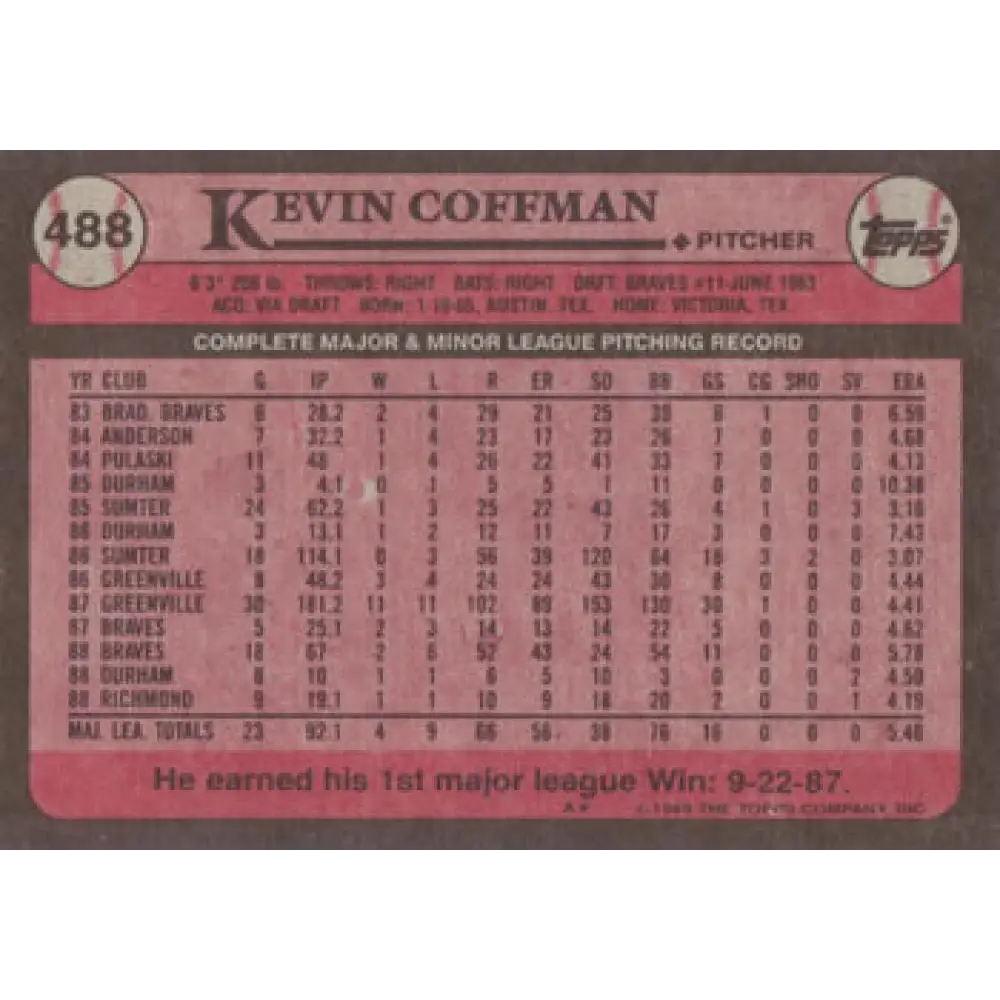 1989 Topps #488 Kevin Coffman NM-MT Chicago Cubs Baseball Card Image 2