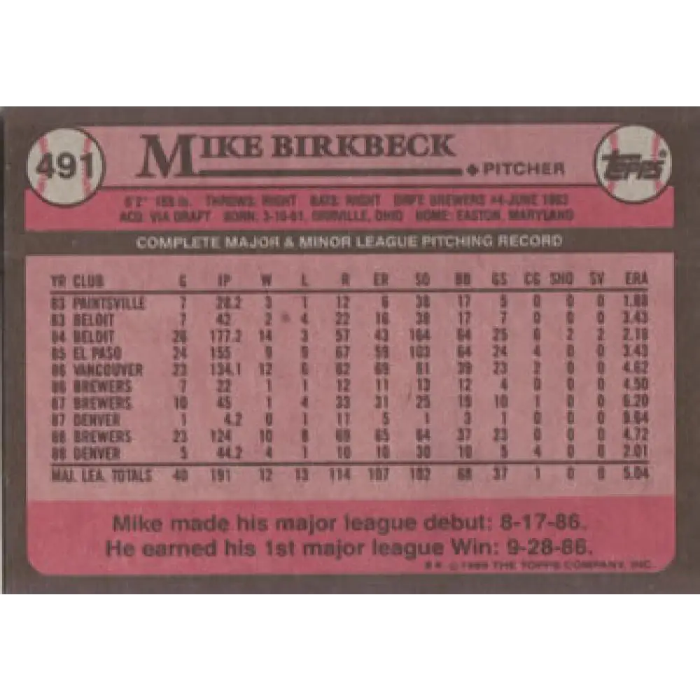 1989 Topps #491 Mike Birkbeck NM-MT Milwaukee Brewers Baseball Card Image 2