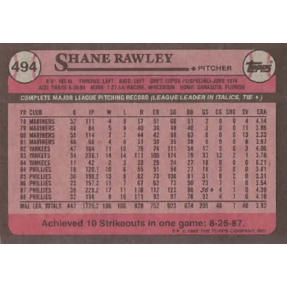1989 Topps #494 Shane Rawley NM-MT Philadelphia Phillies Baseball Card Image 2