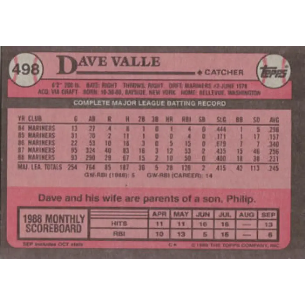 1989 Topps #498 Dave Valle NM-MT Seattle Mariners Baseball Card Image 2