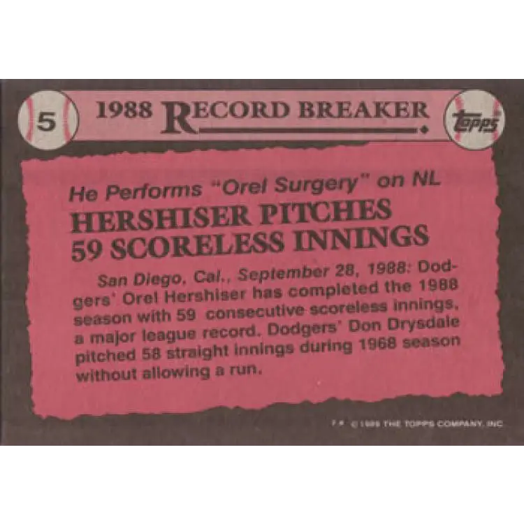 1989 Topps #5 Orel Hershiser RB NM-MT Los Angeles Dodgers Baseball Card Image 2