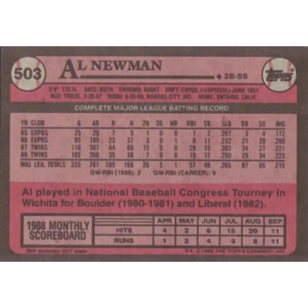 1989 Topps #503 Al Newman NM-MT Minnesota Twins Baseball Card Image 2