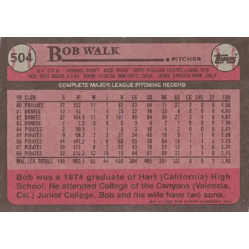1989 Topps #504 Bob Walk NM-MT Pittsburgh Pirates Baseball Card Image 2
