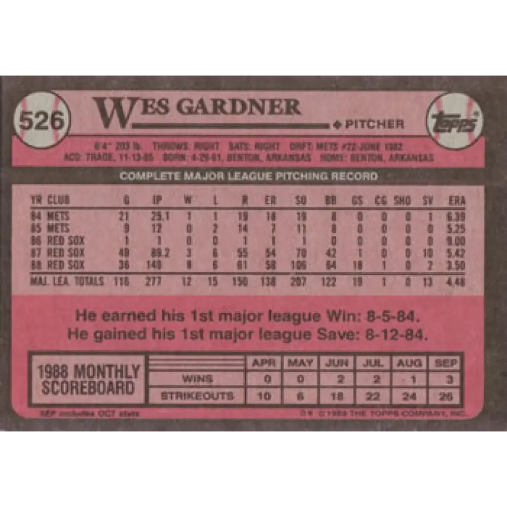 1989 Topps #526 Wes Gardner NM-MT Boston Red Sox Baseball Card Image 2