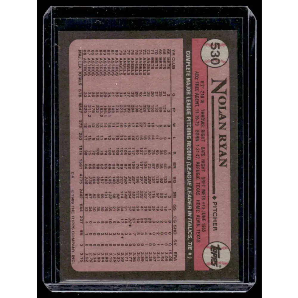 1989 Topps #530 Nolan Ryan Houston Astros NM-MT Baseball Card Image 2