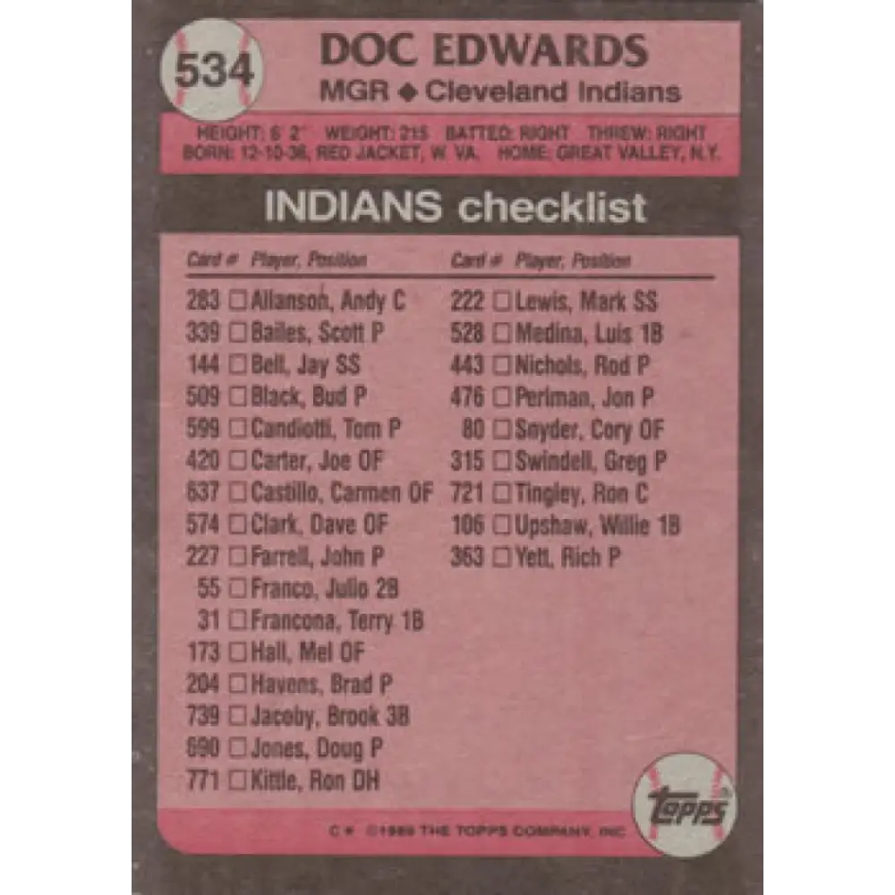 1989 Topps #534 Doc Edwards MG NM-MT Cleveland Indians Baseball Card Image 2