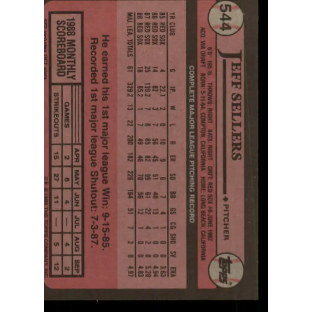 1989 Topps #544 Jeff Sellers NM-MT Boston Red Sox Baseball Card Image 2