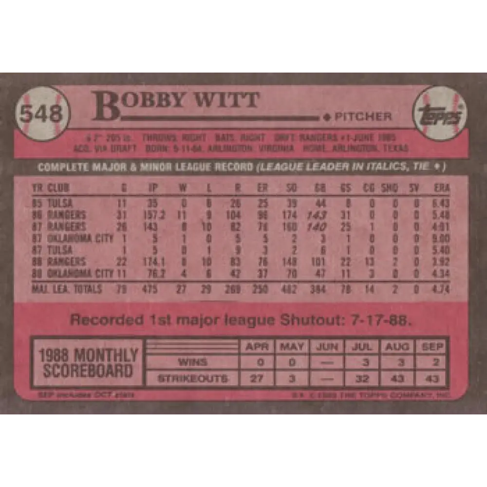 1989 Topps #548 Bobby Witt NM-MT Texas Rangers Baseball Card Image 2