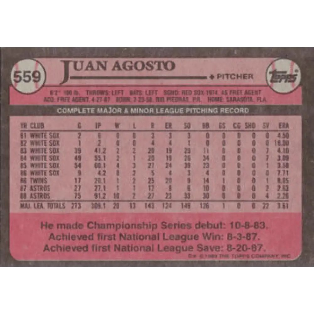 1989 Topps #559 Juan Agosto NM-MT Houston Astros Baseball Card Image 2