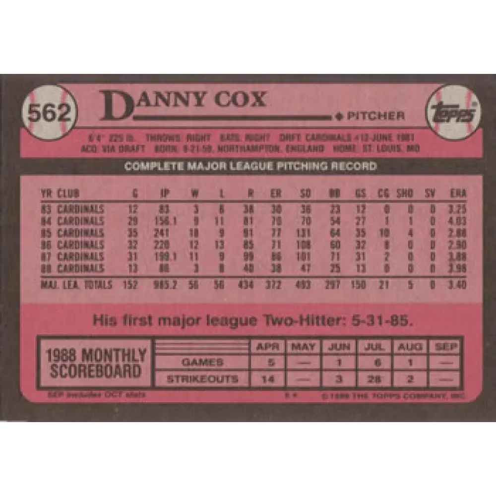 1989 Topps #562 Danny Cox NM-MT St. Louis Cardinals Baseball Card Image 2
