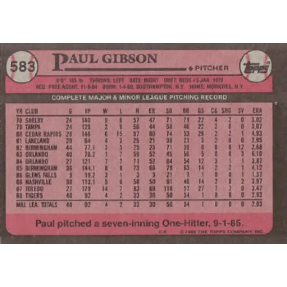 1989 Topps #583 Paul Gibson NM-MT Detroit Tigers Baseball Card Image 2