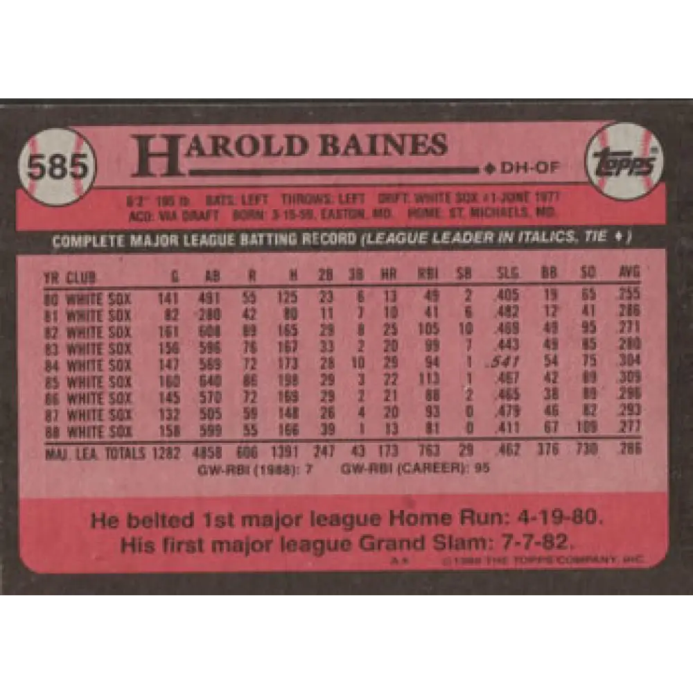 1989 Topps #585 Harold Baines NM-MT Chicago White Sox Baseball Card Image 2