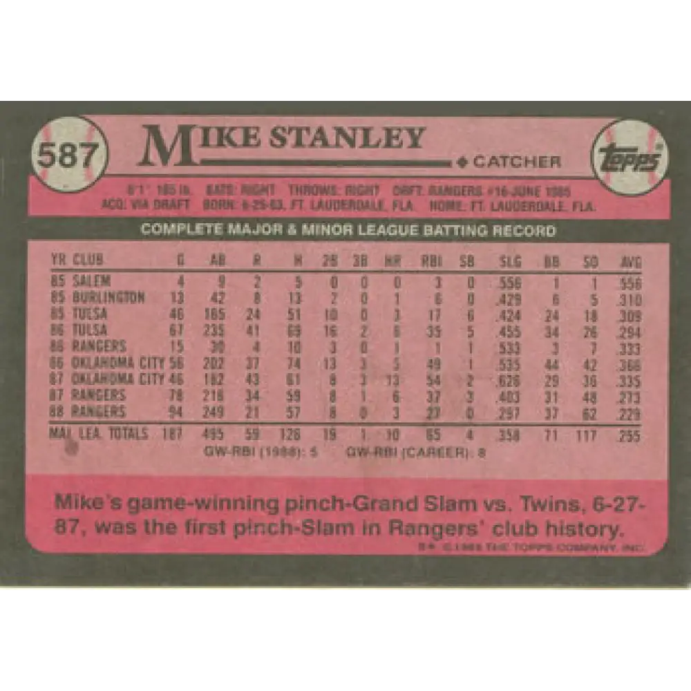 1989 Topps #587 Mike Stanley NM-MT Texas Rangers Baseball Card Image 2